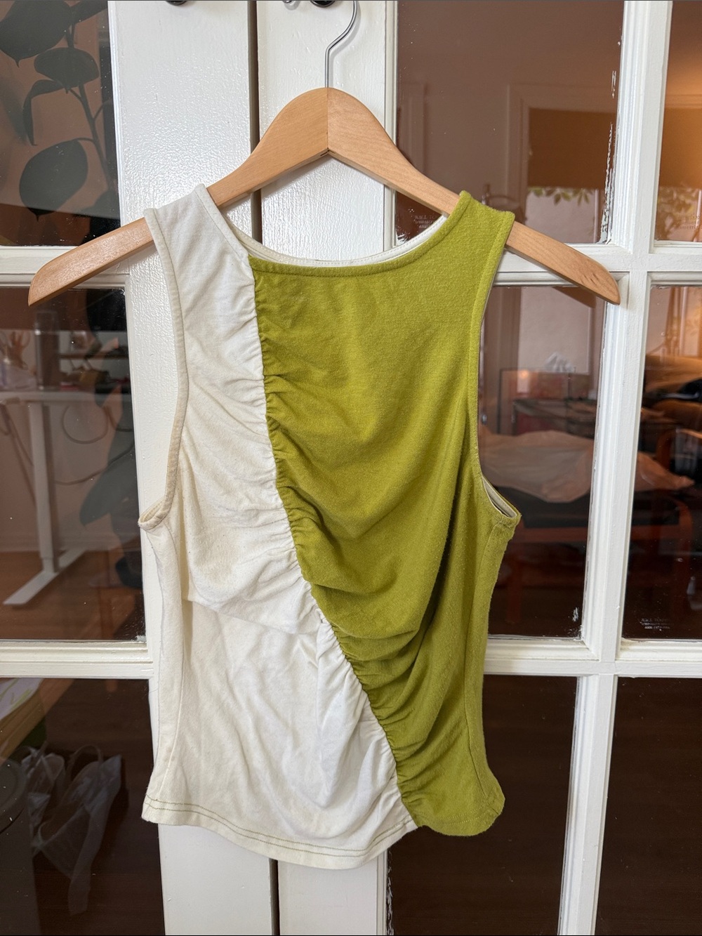 Cute Trendy Two-Tone Ruched Tank Top in Chartreuse Green and Cream